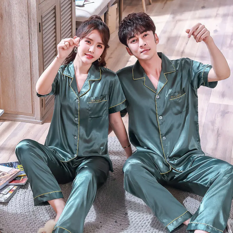 

Couple pajamas men's summer ice silk short sleeve trousers home clothes women's Korean suit summer thin silk simulation