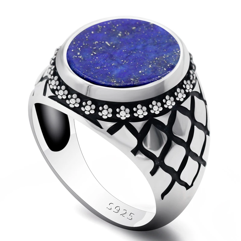 

ЛАЗУРИТ КОЛЬЦО ДЛЯ Для мужчин 925 Sterlling серебряные натуральный на плоской подошве синего цвета Кольца с полудрагоценными камнями геометриче...