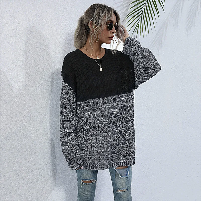 

Autumn Winter Patchwork Color Jumper Sweater Women Long Sleeve Casual Knitted Pullovers Sweater Tops For Women 2021 New Fashion