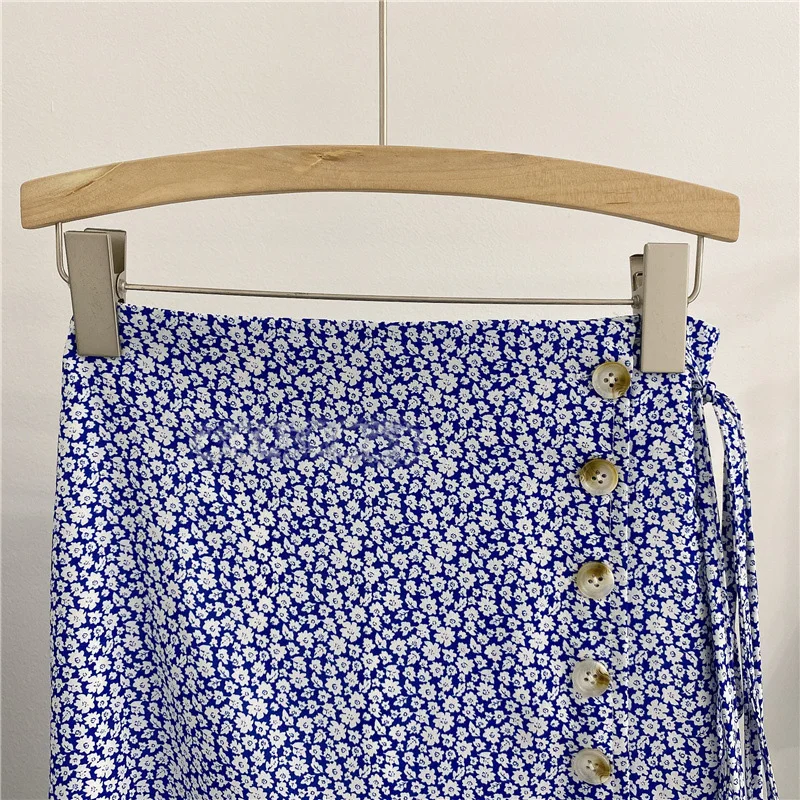 

Summer Floral Chiffon Skirts Janpanese Style Single-breasted Buttons Sweet A-line Side Split Strings Long Chiffon Skirts