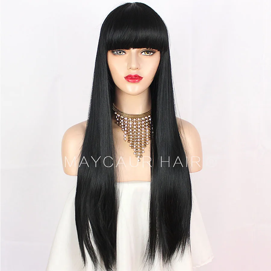 Maycaur Long Black Synthetic Hair Wigs with Bangs Glueless Straight Wig For Women 18-24 Inch | Шиньоны и парики