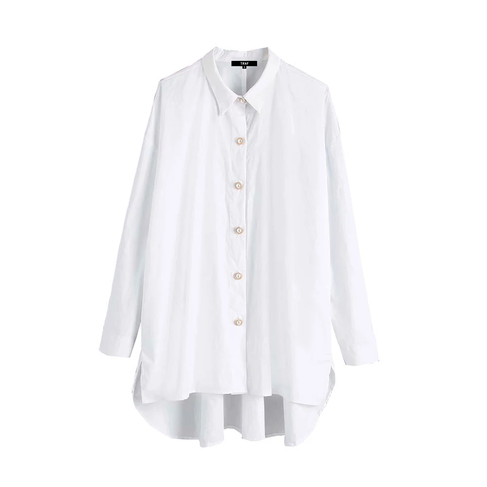 TRAF Women Elegant Jewel Buttons Asymmetry Loose Blouses Vintage Fashion Lapel Collar Long Sleeve White Shirts Blusas Chic Tops