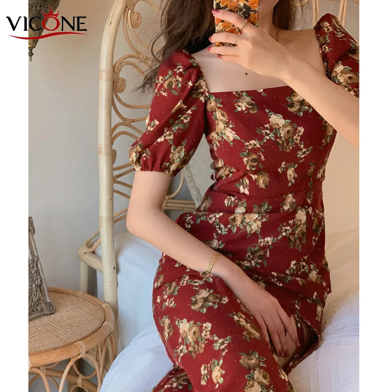 

VICONE Woman's New French Square-necked Dress with A Lining Dress Elegant
