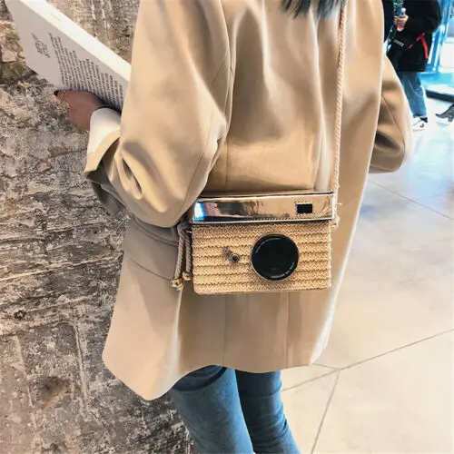 

Fashion Woman Handbag Girl Mini Straw Weaving Camera Shaped Bag Leisure Crossbody Bag Straw Messenger Bag Ladies Handbags