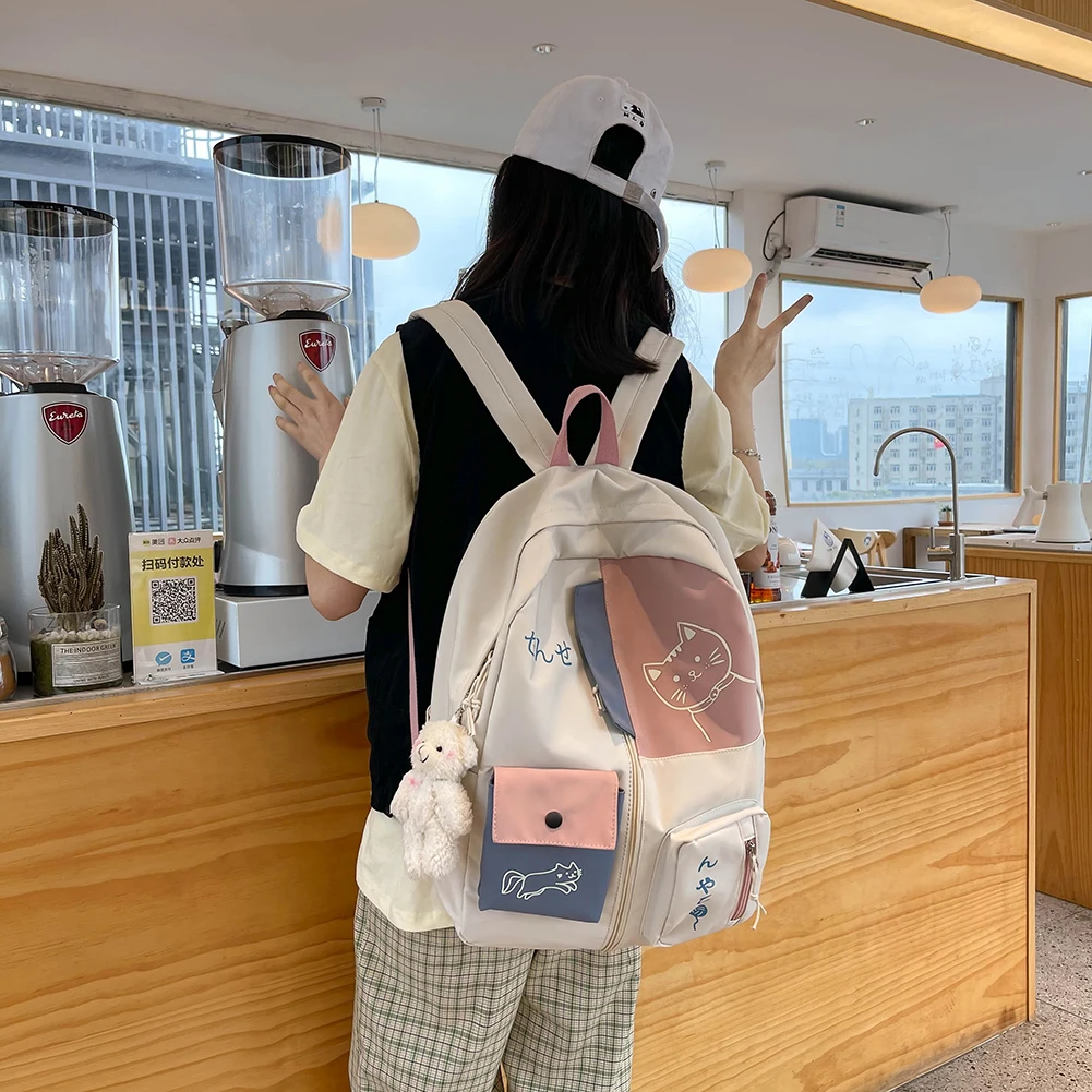 

2021 New Women Backpack Kawaii Patchwork Preppy Style Female Cartoon Cat Printing Nylon Shoulders Knapsack Student School Bag