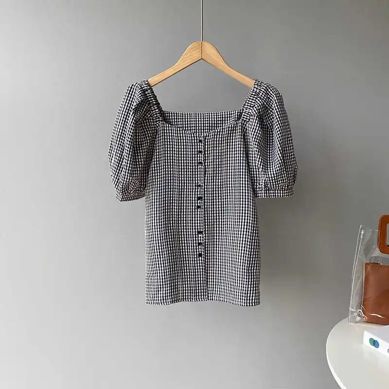 

COZOK Ins Korean Square Neck Short Sleeve Plaid Shirt Women's 2021 Summer Pleated Thin Breasted Shirt 781