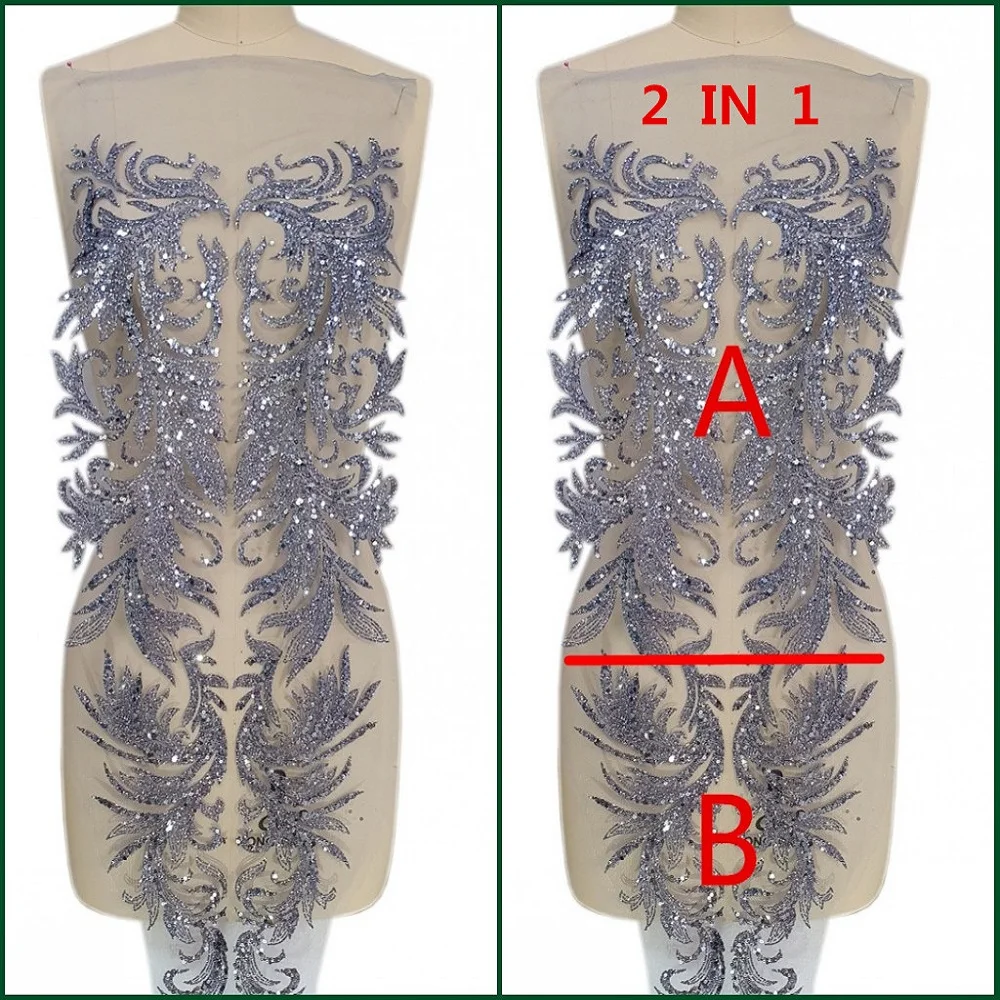 

Long Lace African Nigerian Fabric Sequins Beads Patches Appliques Designer Diy For Evening Wedding Dress Prom Decoratins Silver