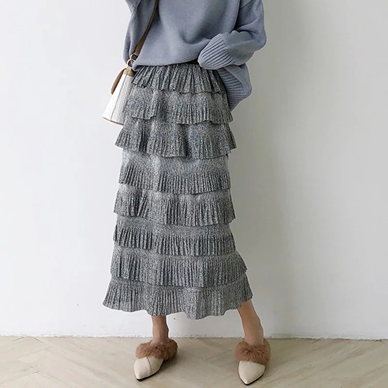 Многослойная юбка макси Cakee серебристая блестящая плиссированная до щиколотки с