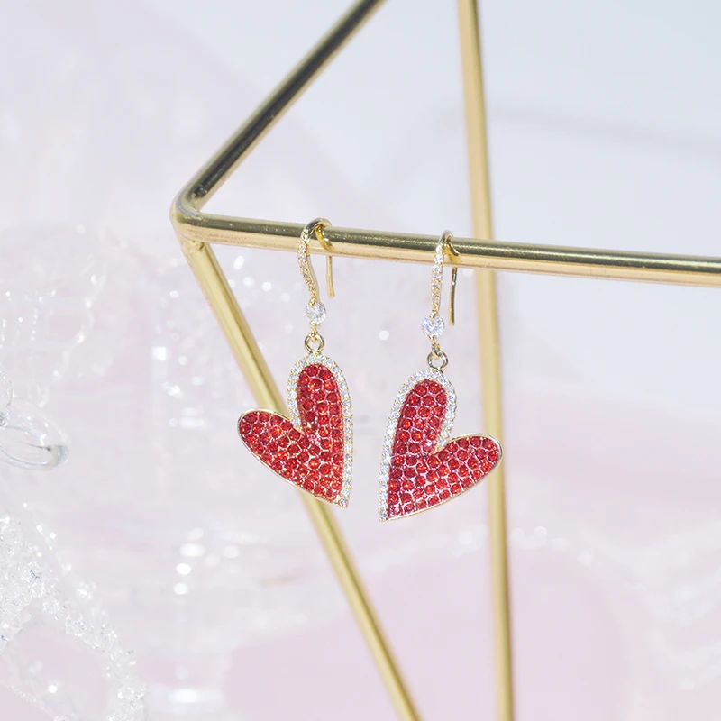 

High Quality 14K Real Gold Red Heart Earrings for Women Top Designer Luxury Jewelry AAA Zirconia S925 Silver Needle Stud Gift