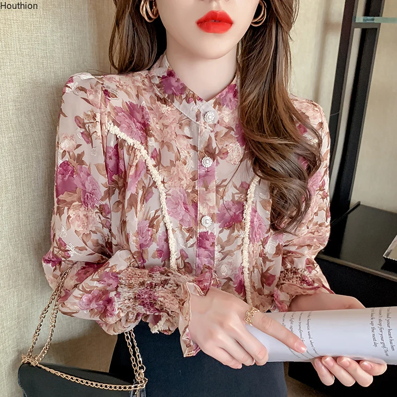 

Women's Blouses Chiffon Floral Shirt Shirts Slim Print Fashion Top Lady Casual Blouse Long Sleeve Tops Buttons Houthion