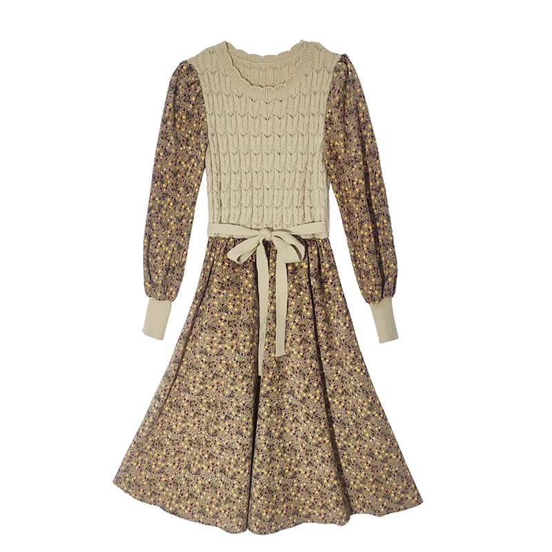 

Fashion New Products Autumn Chic Retro New Gentle Wind Knitting Stitching Bandage Floral Dress Women