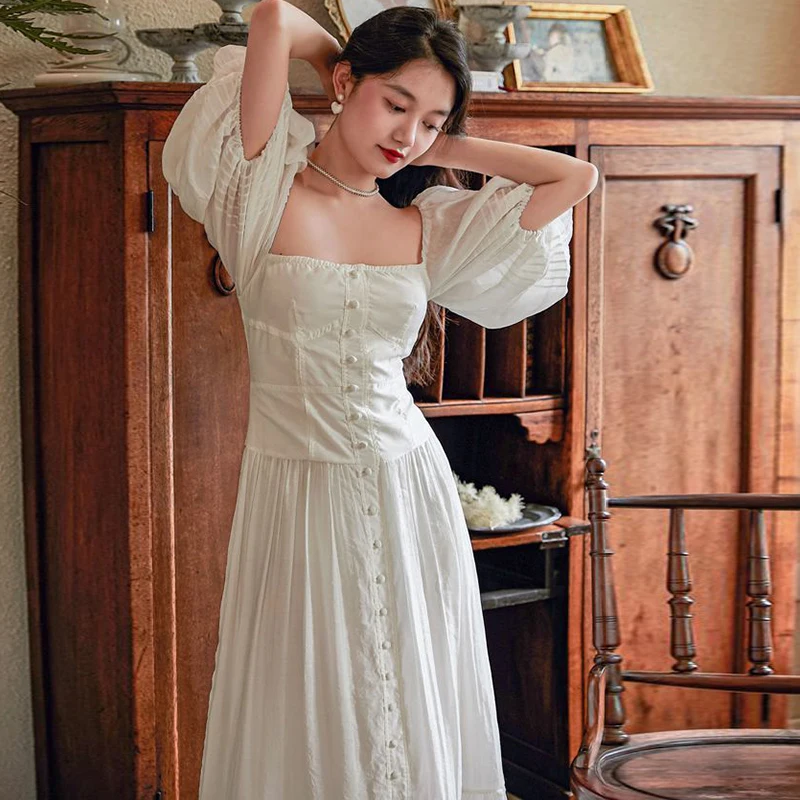 

White Long Simple Casual Solid Hollow Out Pure Cotton Holiday Style High Waist Fashion Mid-Calf Summer Dresses NEW Vestidos