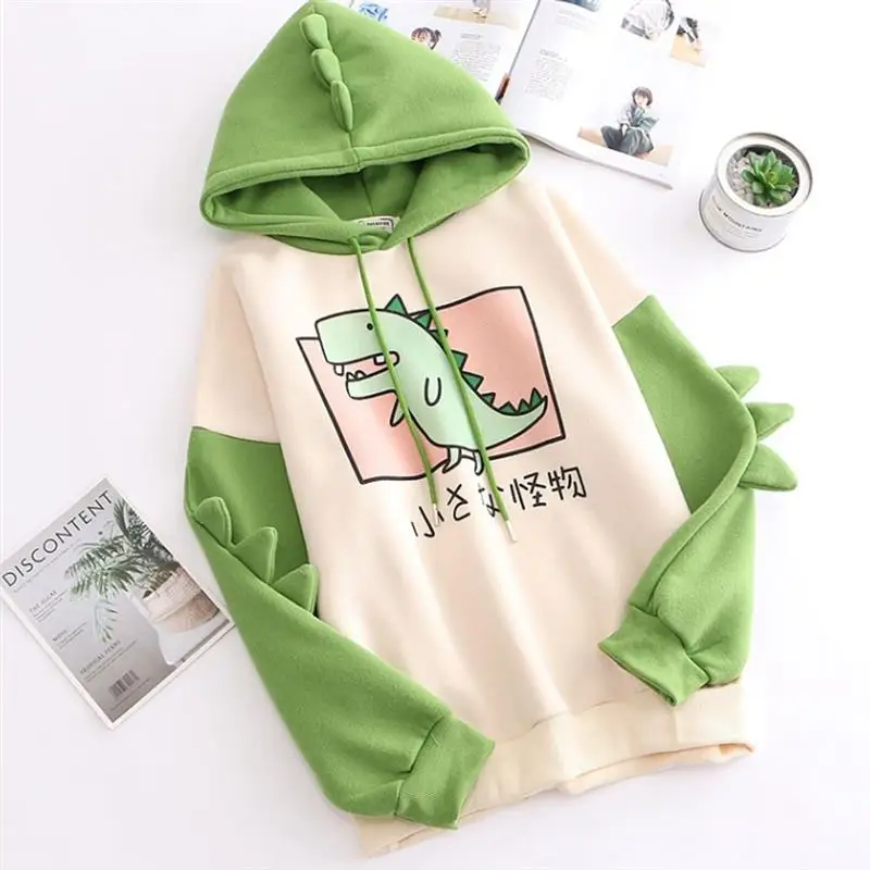 

Cartoon Dinosaurs Hoodie Sweatshirts Harajuku Print Long Sleeve Pullover Kawaii Clothes Women Men Casual Loose Hooded Tops