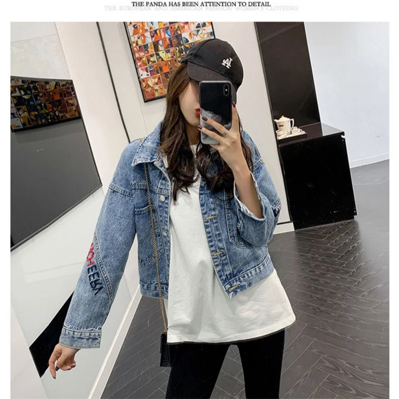 

Women Embroidered Denim Jacket 2021Female Spring Autumn New Loose Korean Version Coat Women Of The Net Red Short Denim CoatA146