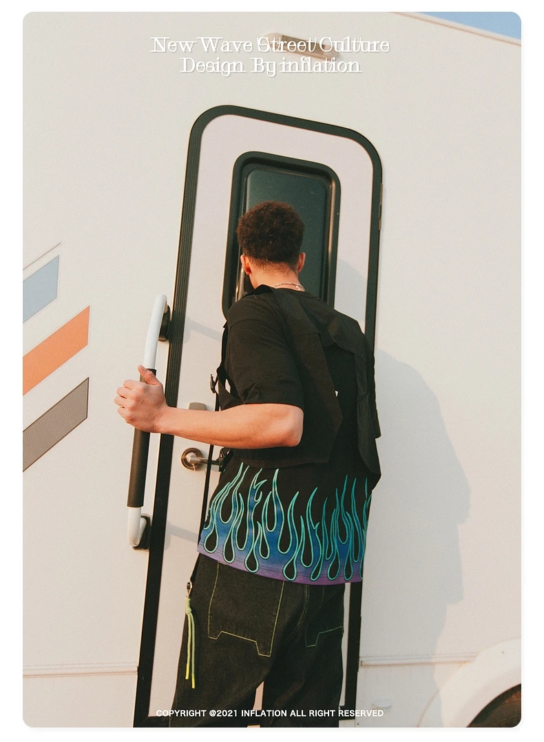 Bold Flame Print on Black Oversized Tee