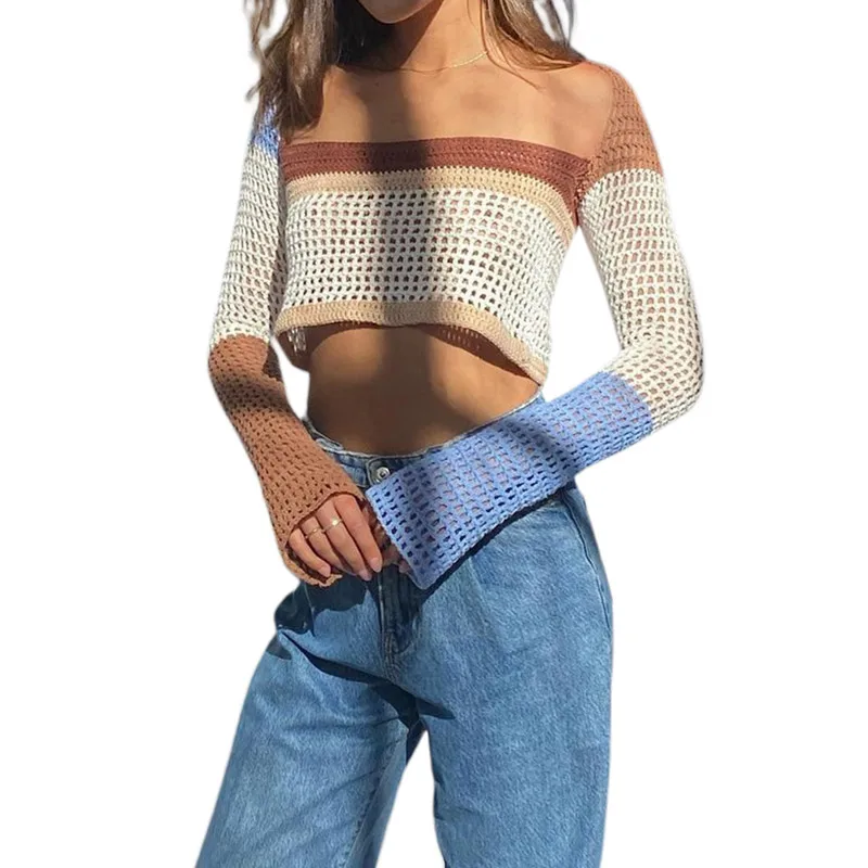 

Autumn Summer Patchwork Vintage Green Casual T Shirts Sexy Fashion All-match Crop Top Women Beach Knitted Long Sleeve Y2K