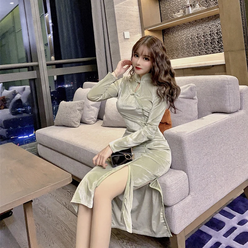 Женское вельветовое платье в китайском стиле Sungtin традиционное длинное Ципао с