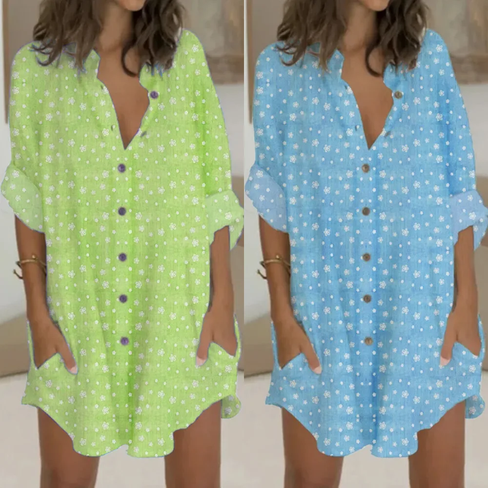 

Casual Short Sleeve Dots Print Loose Shirt Women Oversized Summer Blouses Tops Vintage Streetwear V-neck Buttons Ladies Shirts