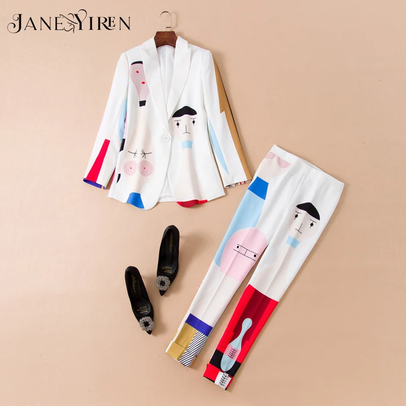 Janeyiren Spring Designer Set Suit Women's Top Quality Long Sleeve Cute Colorful Cartoon Printed Blazer Top + Pant Suit Twinset