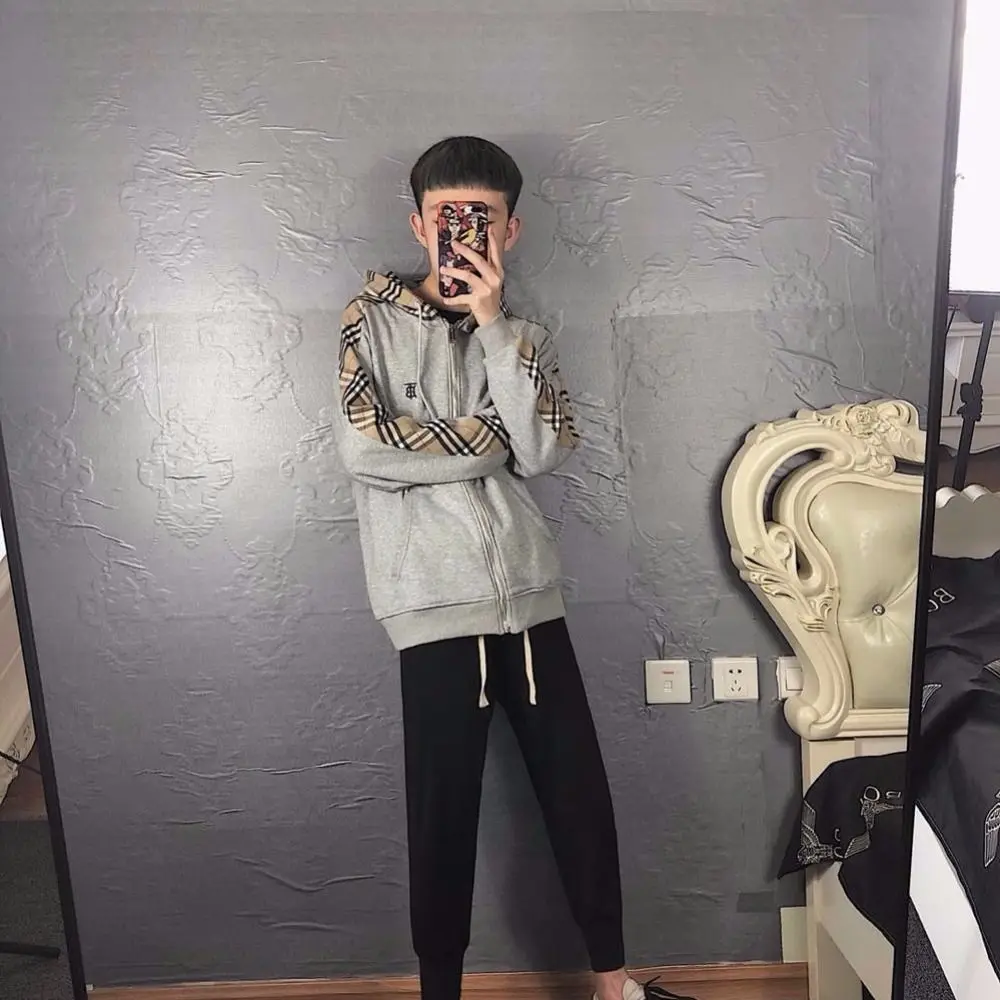 

Spring and autumn Korean version of social men's check hooded cardigan coat spirit guy coat versatile casual fried Street jacket