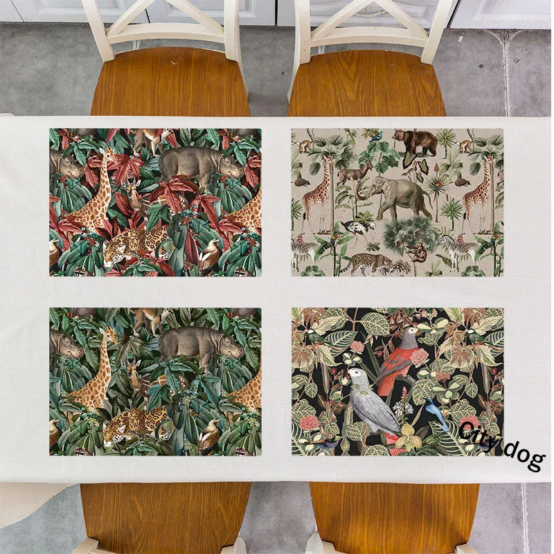 Southeast Asian style Placemat Green tropical plant leaves animal flamingo kangaroo giraffe hippo leopard Art Dining Table Mat |