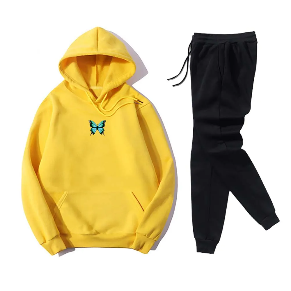 

Tractsuits Butterfly Print Hooded Sweatshirt and Bandage Elastic Waist Trousers Casual Ladies Sport Outfits Two Piece Set Women