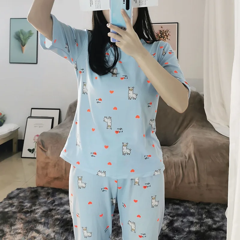 

Pajamas Women's Spring Summer Loose-Fit Cartoon Cute Thin Half-sleeve Shirt Thin Sweet Fresh Less Students Home Wear