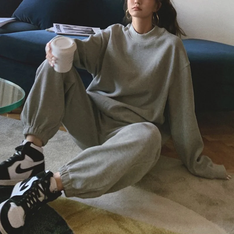 

Spring and autumn women's casual solid color round neck long sleeve loose sweatshirt + high waist loose sweatpants