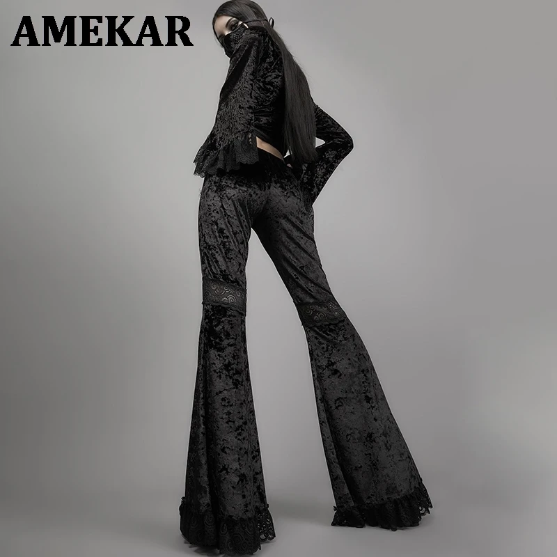 

Mall Goth High Waist Flared Pants Aesthetic Sexy Lace Patchwork Trousers Women Vintage Elegant Velvet Christmas Pants