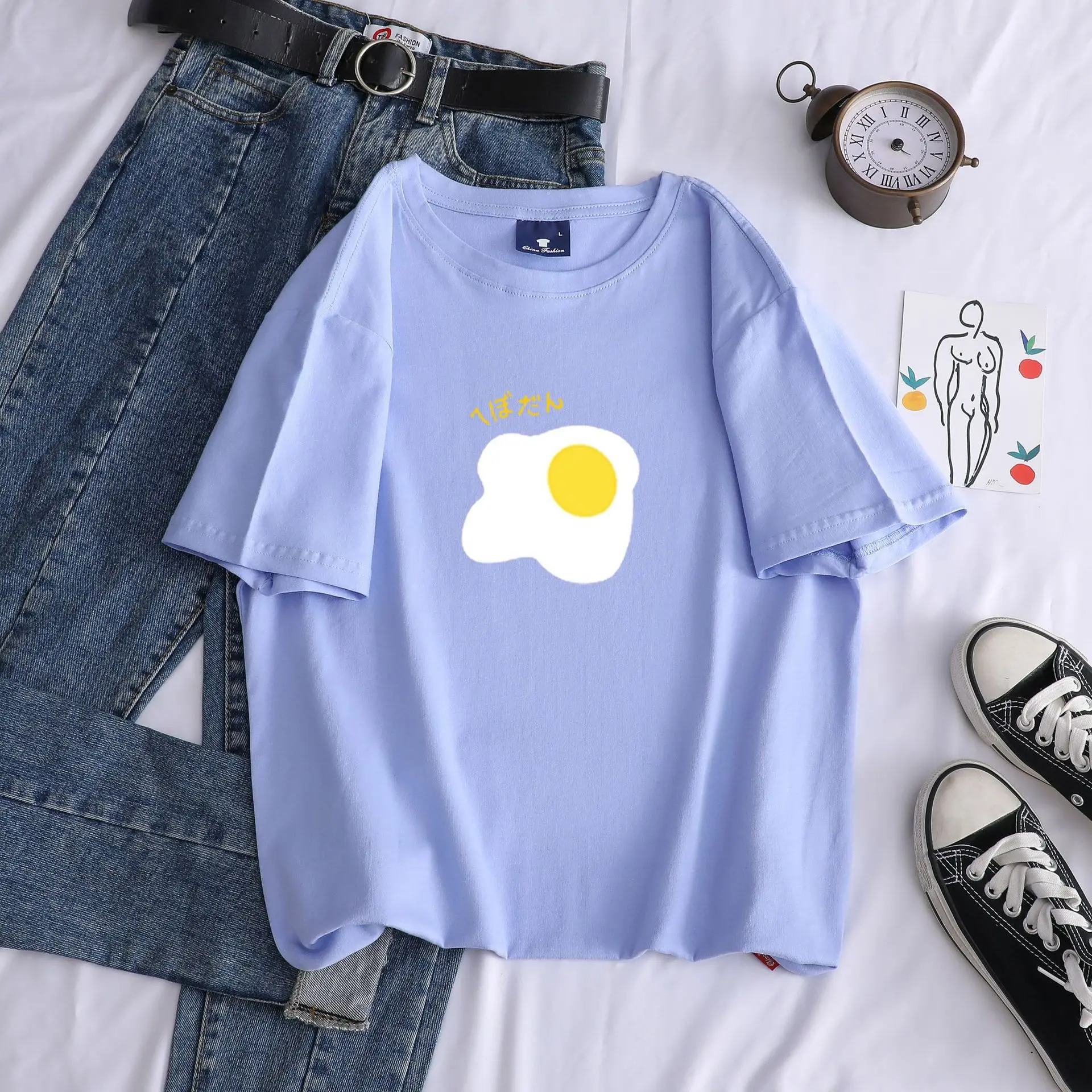 

WK Omelette T Shirt Women Summer Casual Tshirts Tees Harajuku Korean Style Graphic Tops Kawaii Female T-shirts Woman Cothing