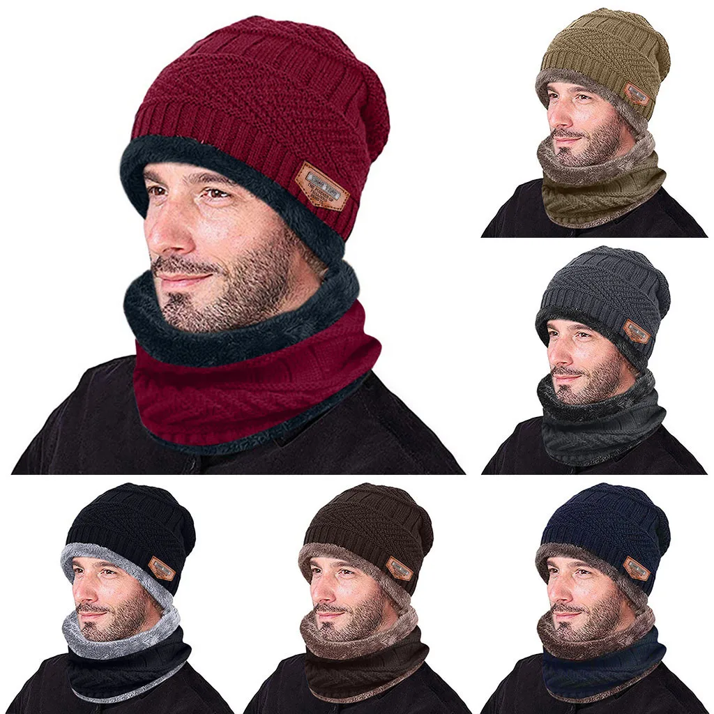 Мужская теплая шапка Skullies+ мягкий шарф, комплект из двух предметов, зимняя утолщенная шапка, Мужская ветрозащитная вязаная шапка, грелка для шеи# T5P