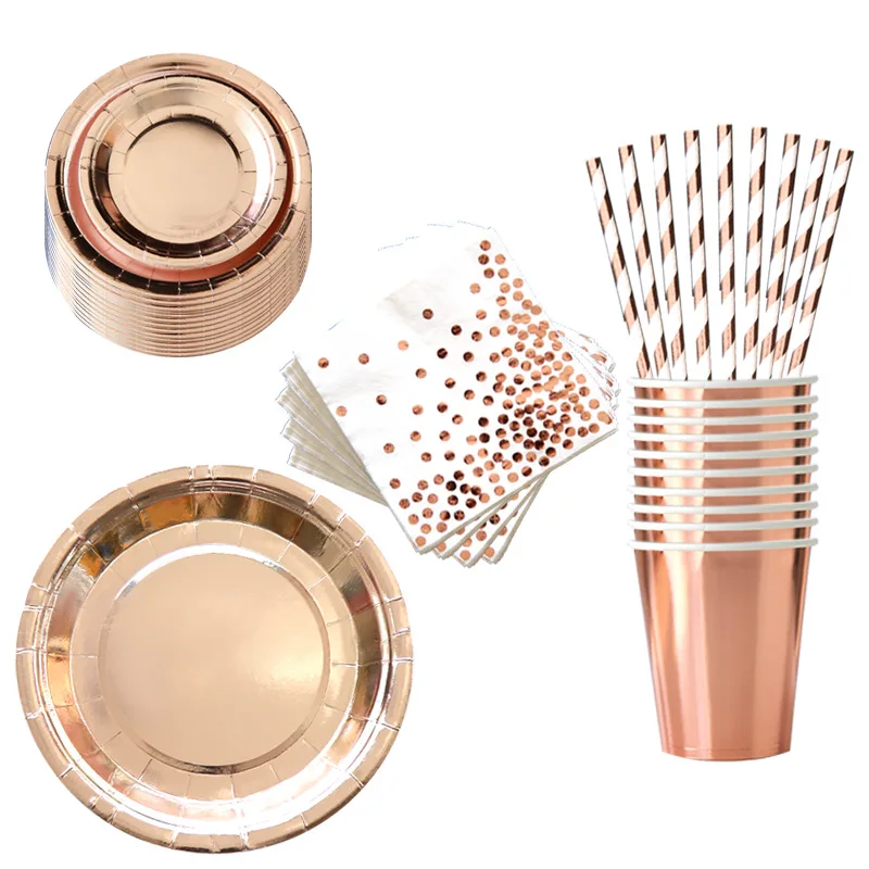 

New Gold Paper Party Wedding Birthday Supplies Disposable Paper Plate Cup Cutlery Set Gold Star Hot Stamping Plate Cutlery Set