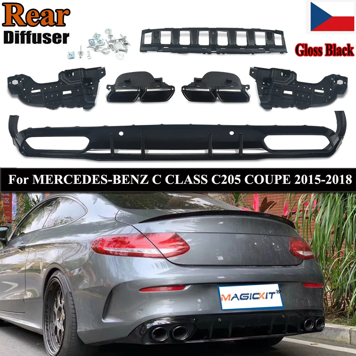 Глянцевый черный диффузор и задние трубы MagicKit для MERCEDES C CLASS A205 C205 AMG 14-18 |