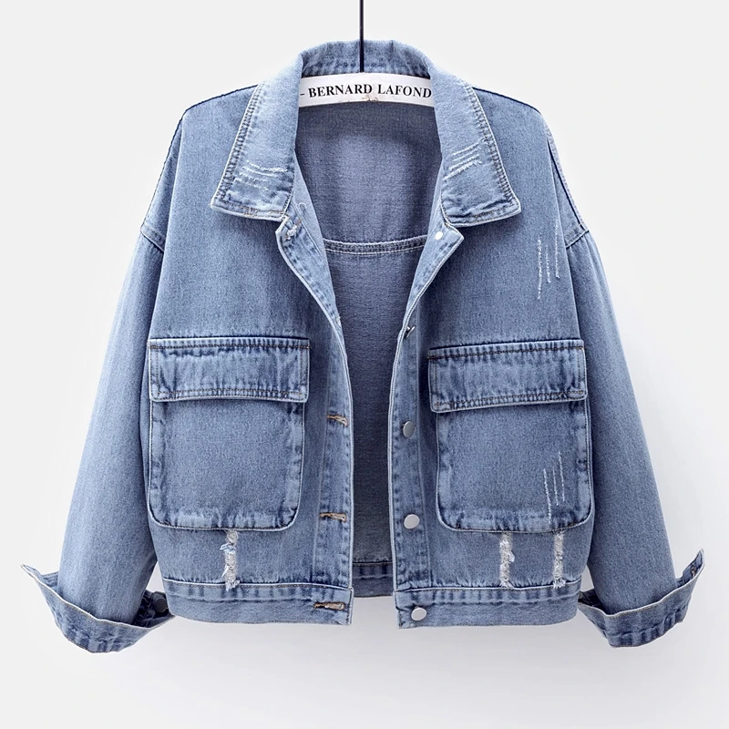 

Spring Autumn Vintage Frayed Short Denim Jacket Coat Women Big Pocket Outerwear Loose Blue Jeans Jacket Females Chaqueta Mujer