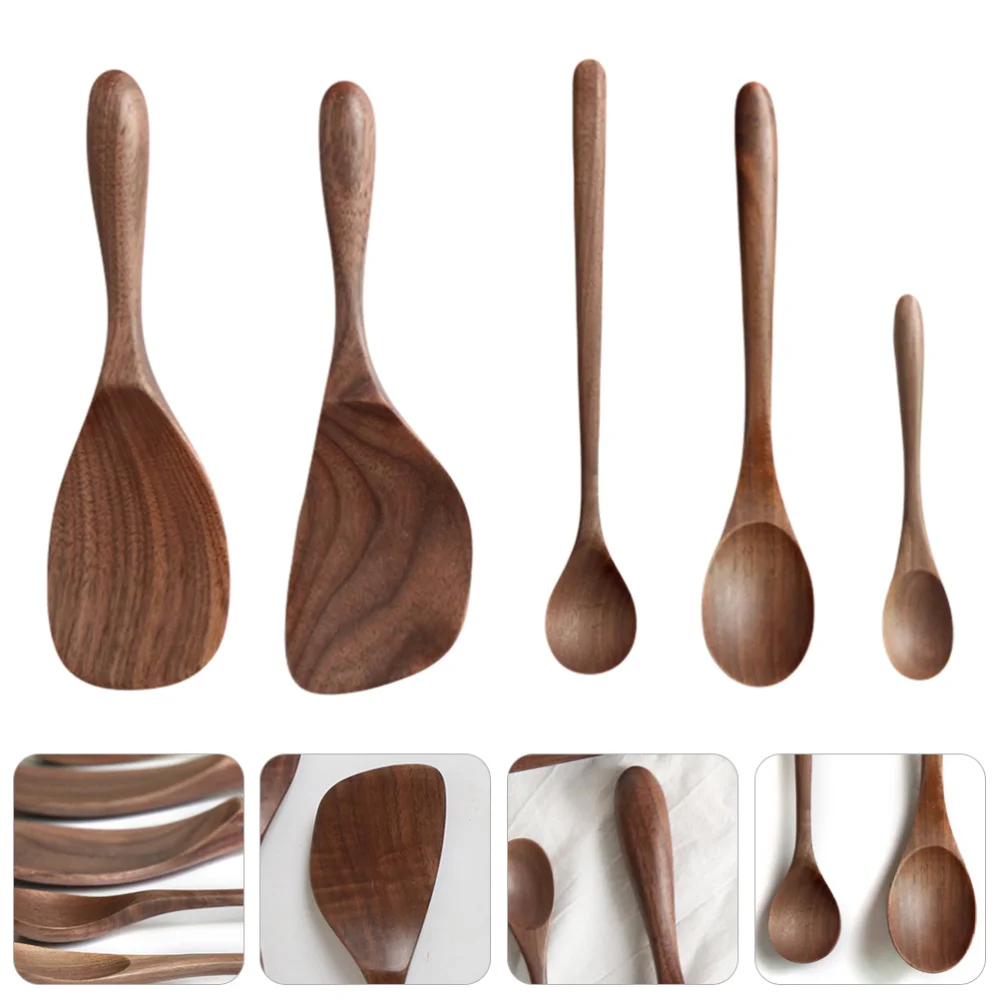 

5pcs/set Black Walnut Coffee Honey Spoons Wooden Soup Rice Spoon Tableware