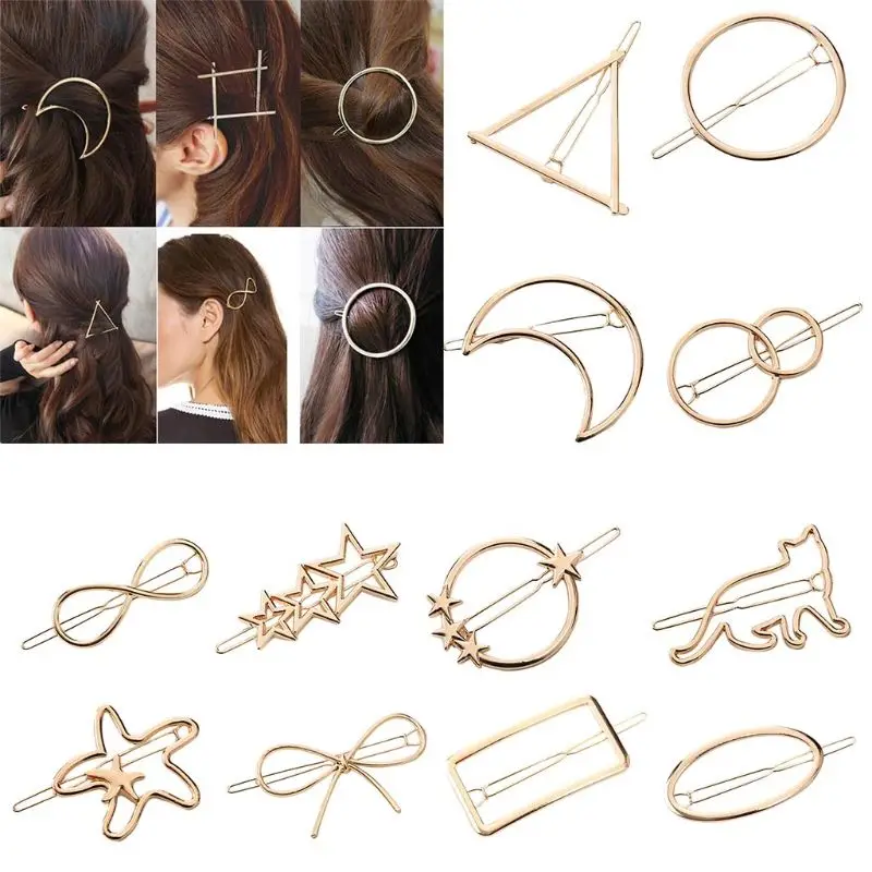 

13 Styles Women Metal Alloy Minimalist Hair Clip Hollow Geometric Triangle Bowknot Lips Shape Hairpins Ponytail Holder Clamp
