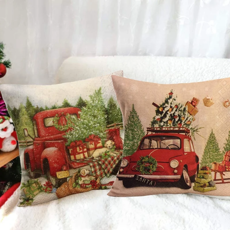 

Christmas Home Decoration Pillowcases,Red Truck and Christmas Tree Gifts,Winter Snow Road Pillowcases,Cushion Covers 4Pc