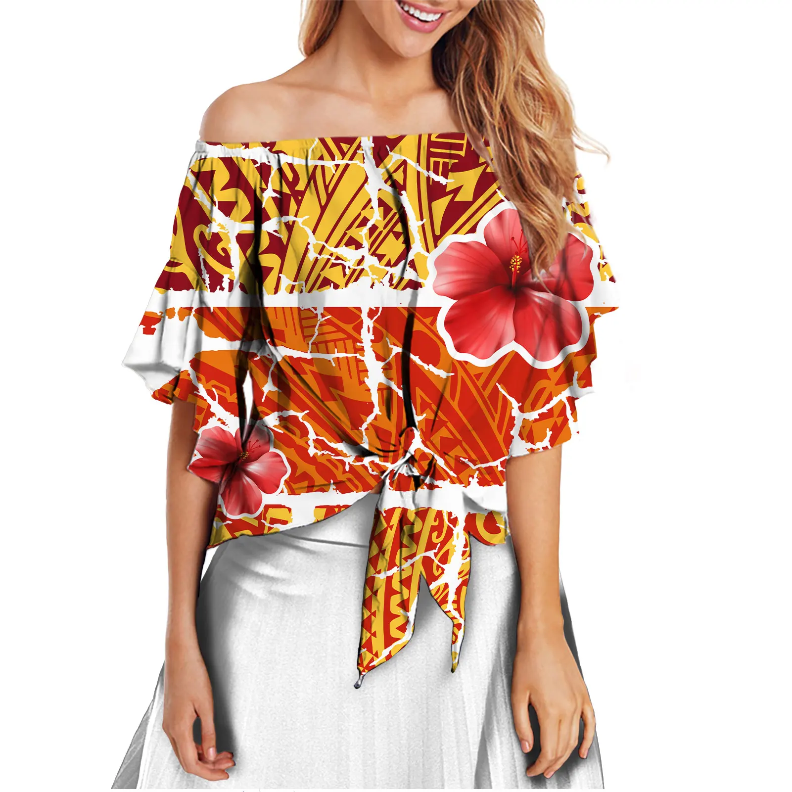 

Orange Chiffon Strapless Flared Sleeve T-Shirt Summer Ladies Knotted Hem Casual Shirt Polynesian Tribal Hibiscus Print Shirt