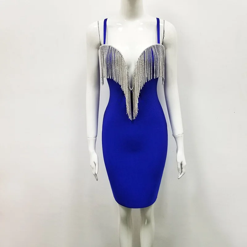 2019 Bandage Dress Fashion Luxury Diamond Tassel Sexy V-Neck Spaghetti Strap Bodycon Dresses Women Solid Color Club Vestidos | Женская