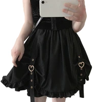kawaii ruffle girls high waist skirt women black gothic lolita cute punk fashion heart belt school pink pleated mini tutu skirts