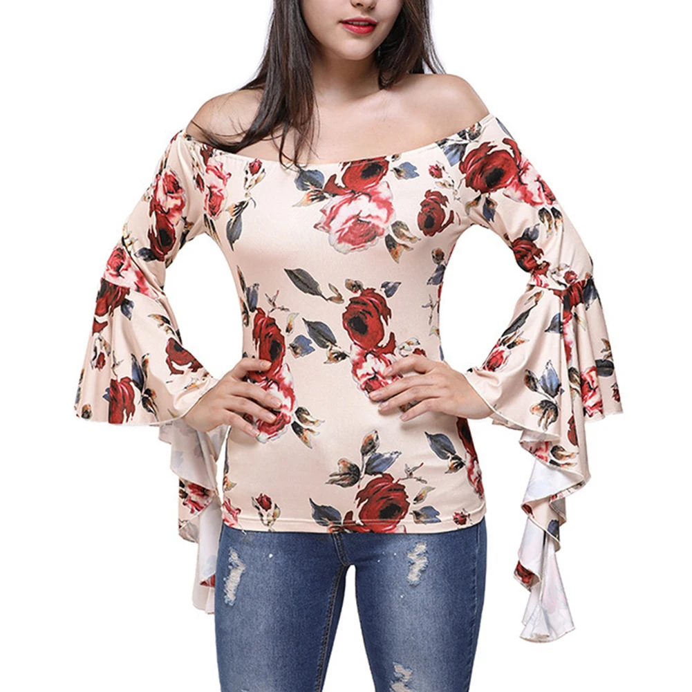 Sexy Women Long Flared Sleeve Strap Off Shoulder Floral Print Slim Sweater Top Womens Clothesing 2020 New | Женская одежда