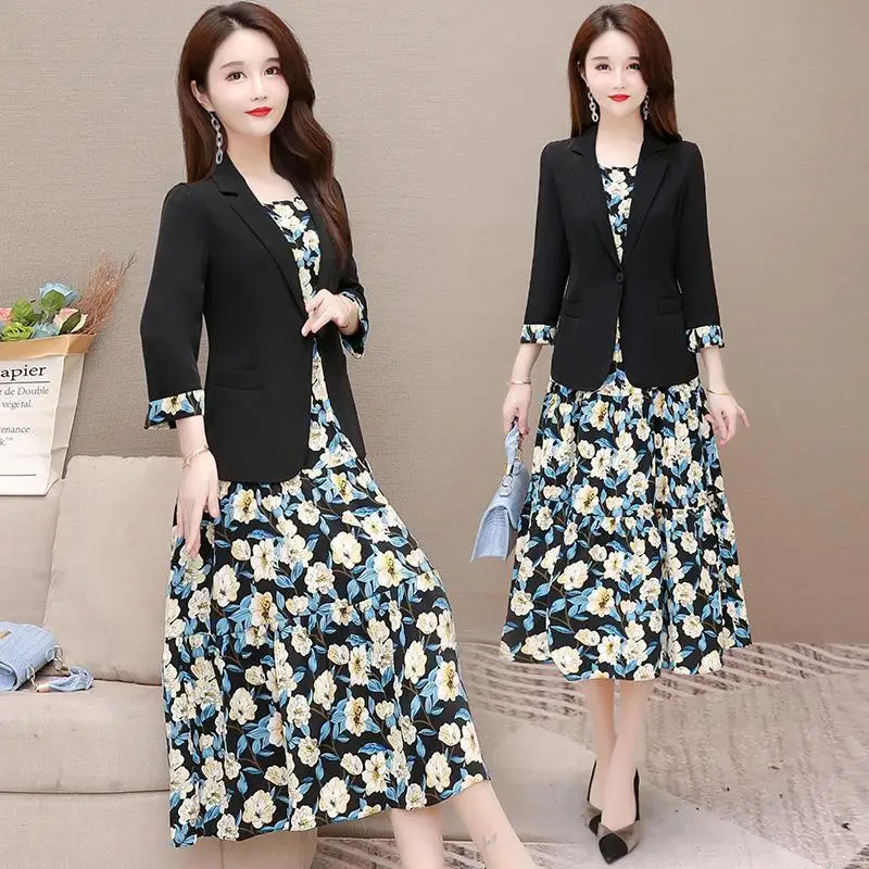 

2021 Women Spring Summer Casual Slim Set Lady Pleated Floral Strap Dress Long Sleeve Blazer Suit Female Elegant 2 Piece Set H909