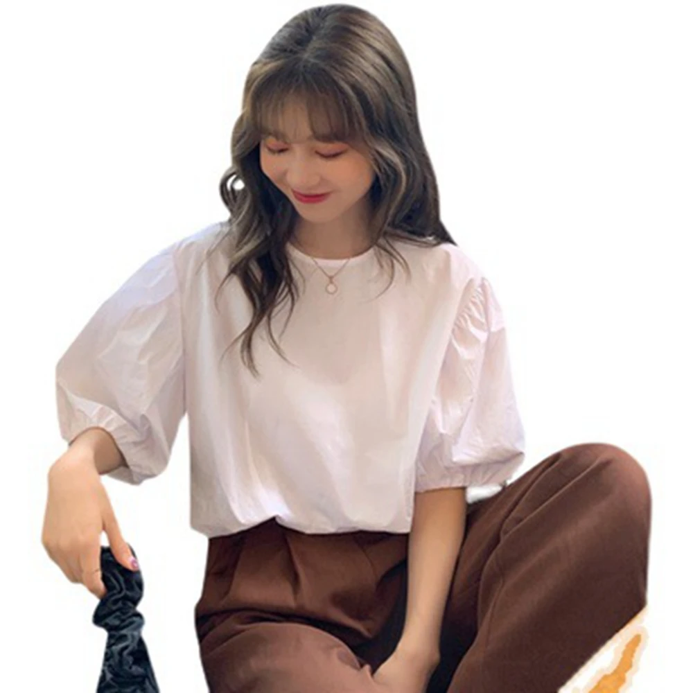 

Backstrom Women Summer O-Neck Puff Sleeve White Short-Sleeved Blouses Designer Niche Waist Tops Loose Temperament T-Shirts