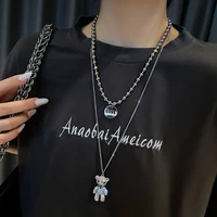 rhinestone double bear necklace women men titanium steel round card pendant sweater chain fashion jewelry party gift hip hop new