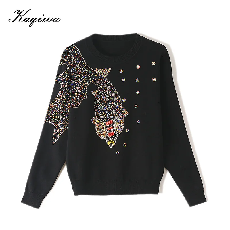 

Осенний прошитый вручную бисер, инкрустированный бриллиантами, блестящий рисунок золотой рыбки, кролик, бархат, круглый вырез, толстый джем...