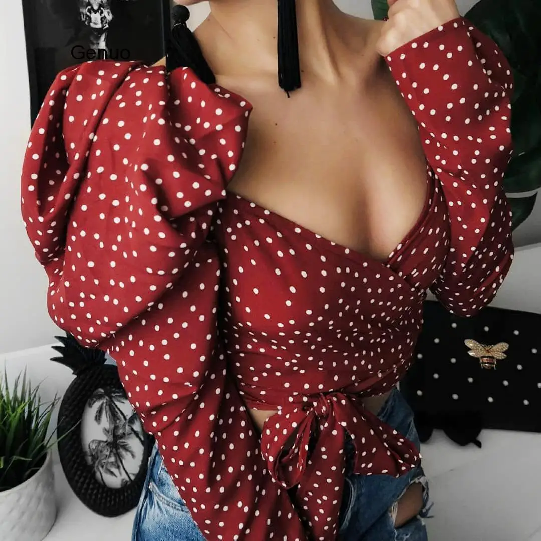 

Sexy Crop Top Backless Polka Dot Shirts Women Lace Up Red V-Neck Puff Sleeve Woven Women's Blouse Autumn Summer Streetwear