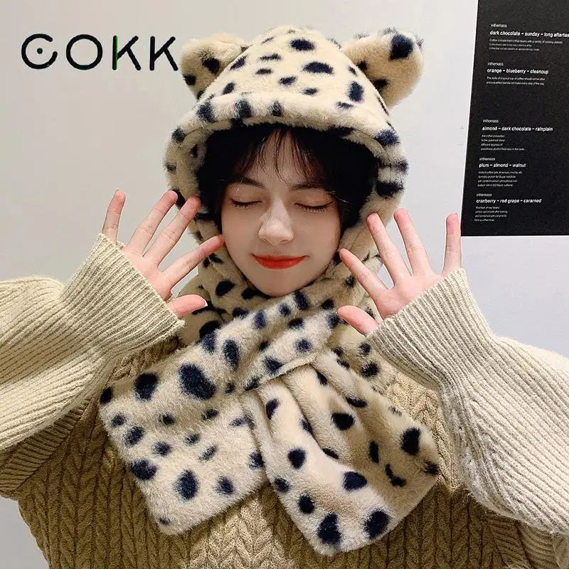 

COKK Winter Hat Women Beanie Leopard Scarf One piece Set Solid Color Faux Fur Thick Warm Winter Cap Female Korean Casual New