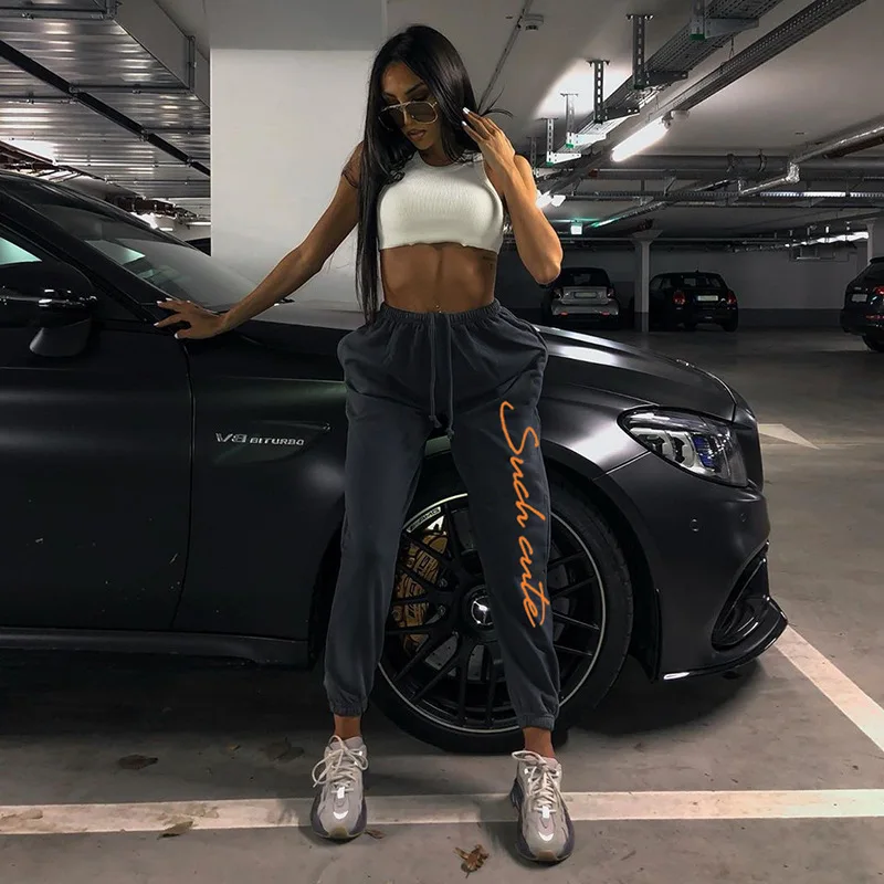 

Европейские и американские популярные женские Новые облегающие повседневные брюки-свитеры с высокой талией и вышитыми буквами на шнуровке...