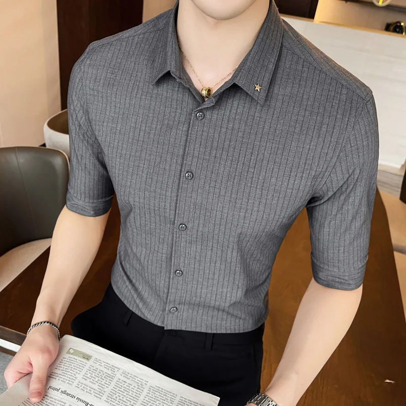 

Loldeal Men Shirt British Style 3/4 Sleeve Striped Print Lapel Handsome