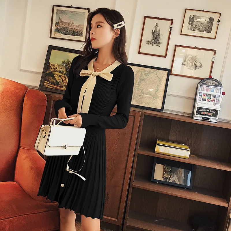 2018 осеннее и зимнее женское платье с воротником шарфом бантом плиссированное